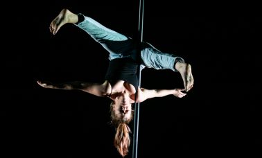A performer balances upside down on a pole.